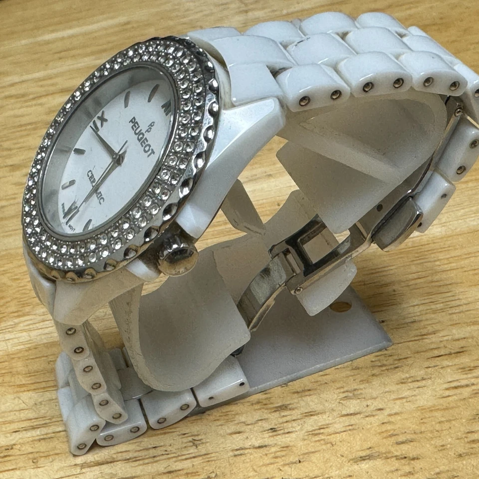 Peugeot Reloj Suizo Cuarzo Dama Blanco Cerámica Imitación Diamante Analógico Batería Nueva 6" Foto 4 de 4