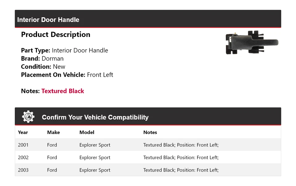 Manija de puerta interior delantera izquierda para Ford Explorer Sport Dorman 2001-2003 2002 Foto 2 de 4