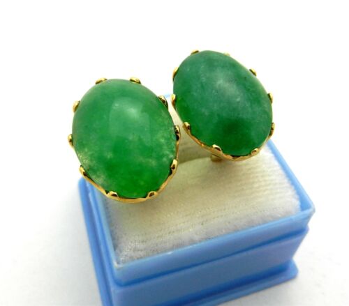 Omega Back Earrings with Cabochon Oval Shape Green Stone 19x15mm 14k Gold 11.6gr - Picture 2 of 16