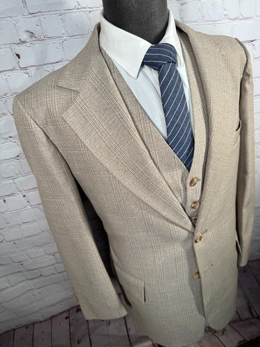 Vintage JC PENNEY Mens Brown GLEN CHECK 3pc VEST Suit 42S Jacket 37x27 Pant - Picture 4 of 16