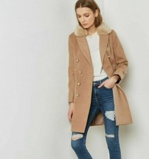 Topshop Size 10, Uk14 Fur Collar Winter Coat Military City Long Jacket Camel Tan
