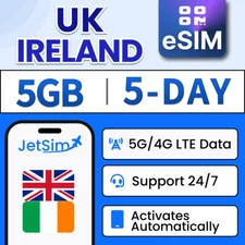 UK & Ireland eSIM - 5GB High-Speed(1GB/Day), 5 Day JetSim/Travel