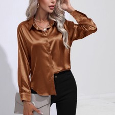 Womens Satin Silk Solid Shirt Ladies Casual Loose Button-up OL Work Blouse Tops