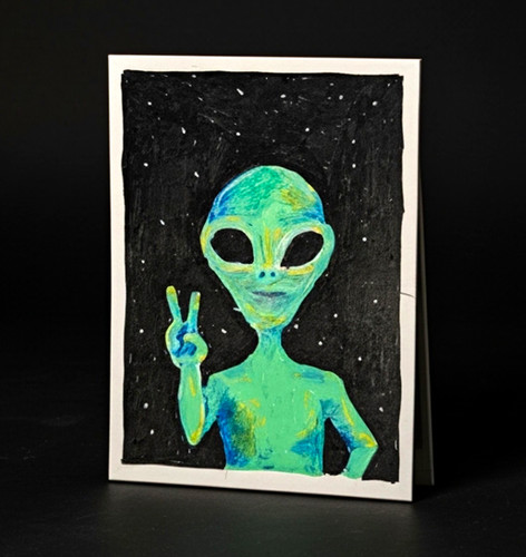 ACEO Original Alien Peace Sign Acrylic Painting 2.5x3.5 Mini Art Card Signed