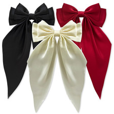 3 PCS Silky Satin Hair Bows, Oversized Long Tail Bows with Barrette Clips, Coque