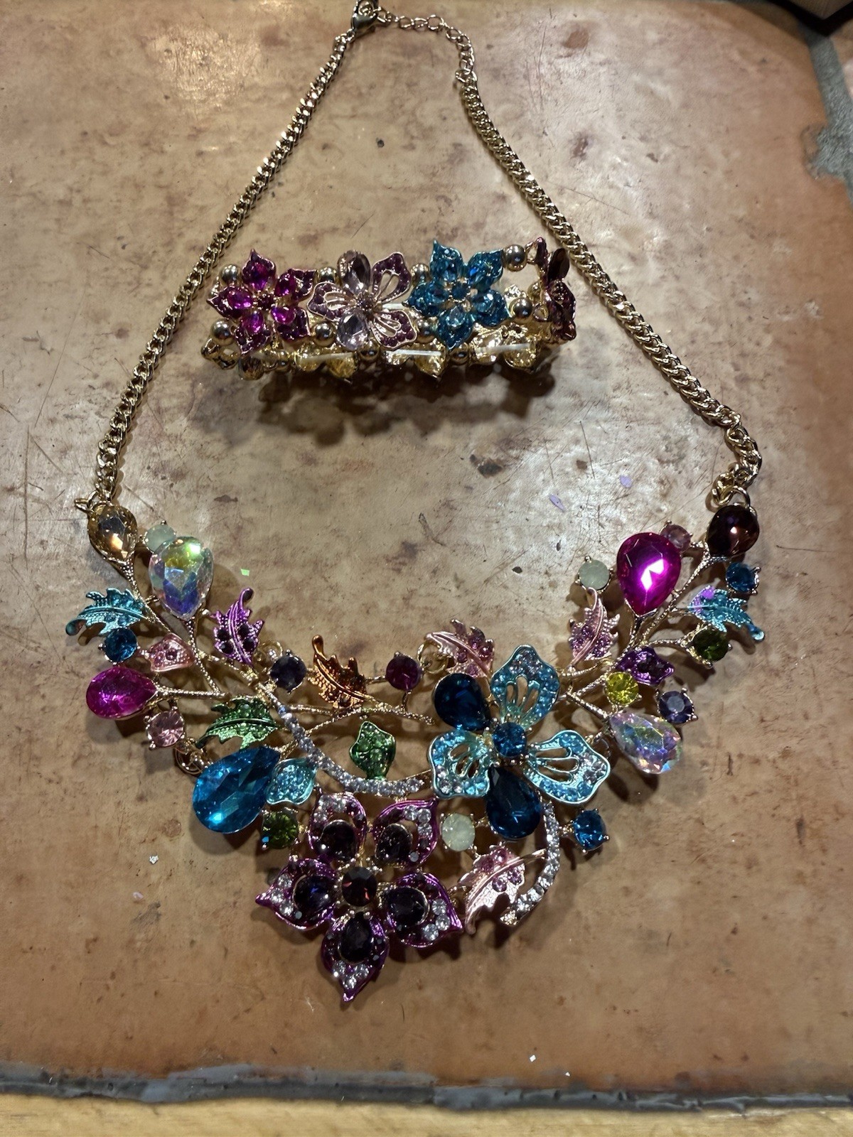 Colorful Rhinestone Flower Statement Necklace And… - image 2