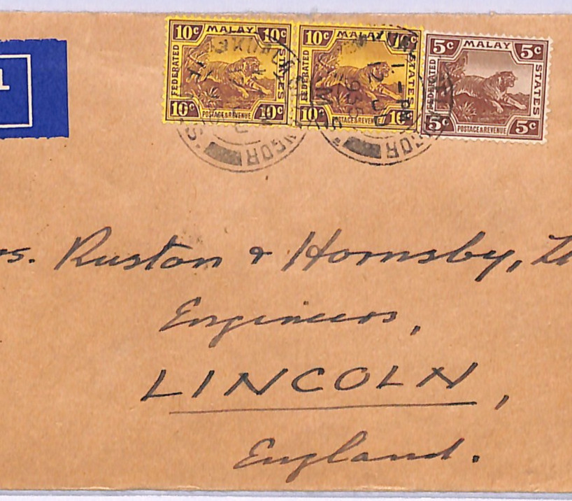 MALAYA FMS TIGER Cover 25c Rate FRANKING Air Mail Kuala Lumpur 1935 Lincoln WM53