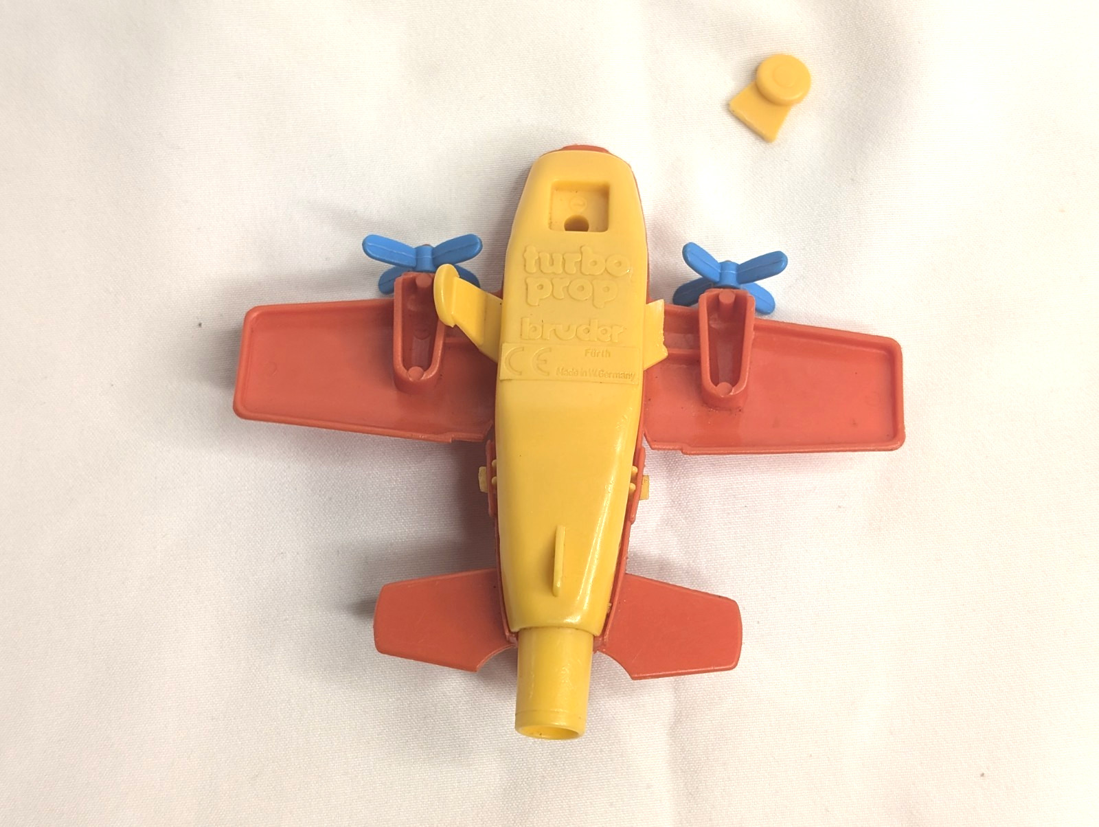Vintage Turbo Prop Bruder Toy Whistle Plastic Airplane Orange, Yellow & Blue 4x4