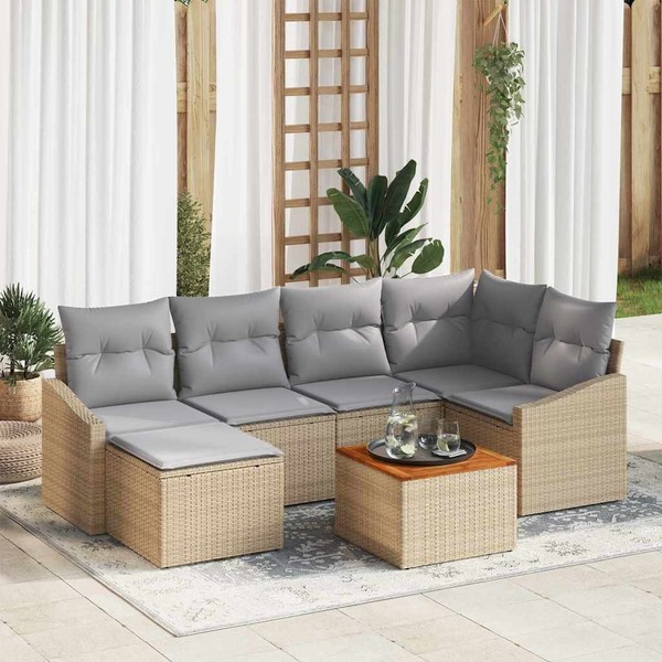 7-Teilige Garten-Sofa-Garnitur Mit Kissen Beige Poly Rattan Akazie-image