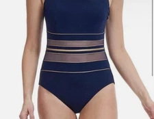 Gottex One Piece Swimsuit Size 14 Navy Gold Metallic Stripe NWT