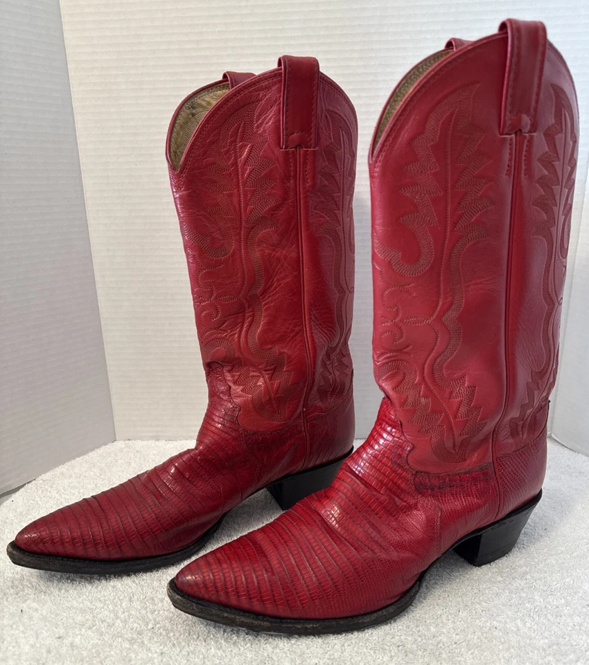 Justin Boots Mujer Cuero Rojo Lagarto Punta Botas Occidentales Talla 10 EE. UU. Foto 3 de 4