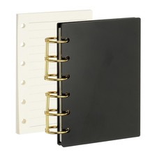 A7 6 Ring Binder Notebook Cover, Gold Rings with Lined Papers, Black