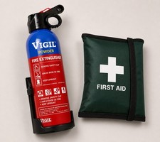 Fire Extinguisher 600g Powder + Mini First Aid Kit Compact Car Van Home  Bundle