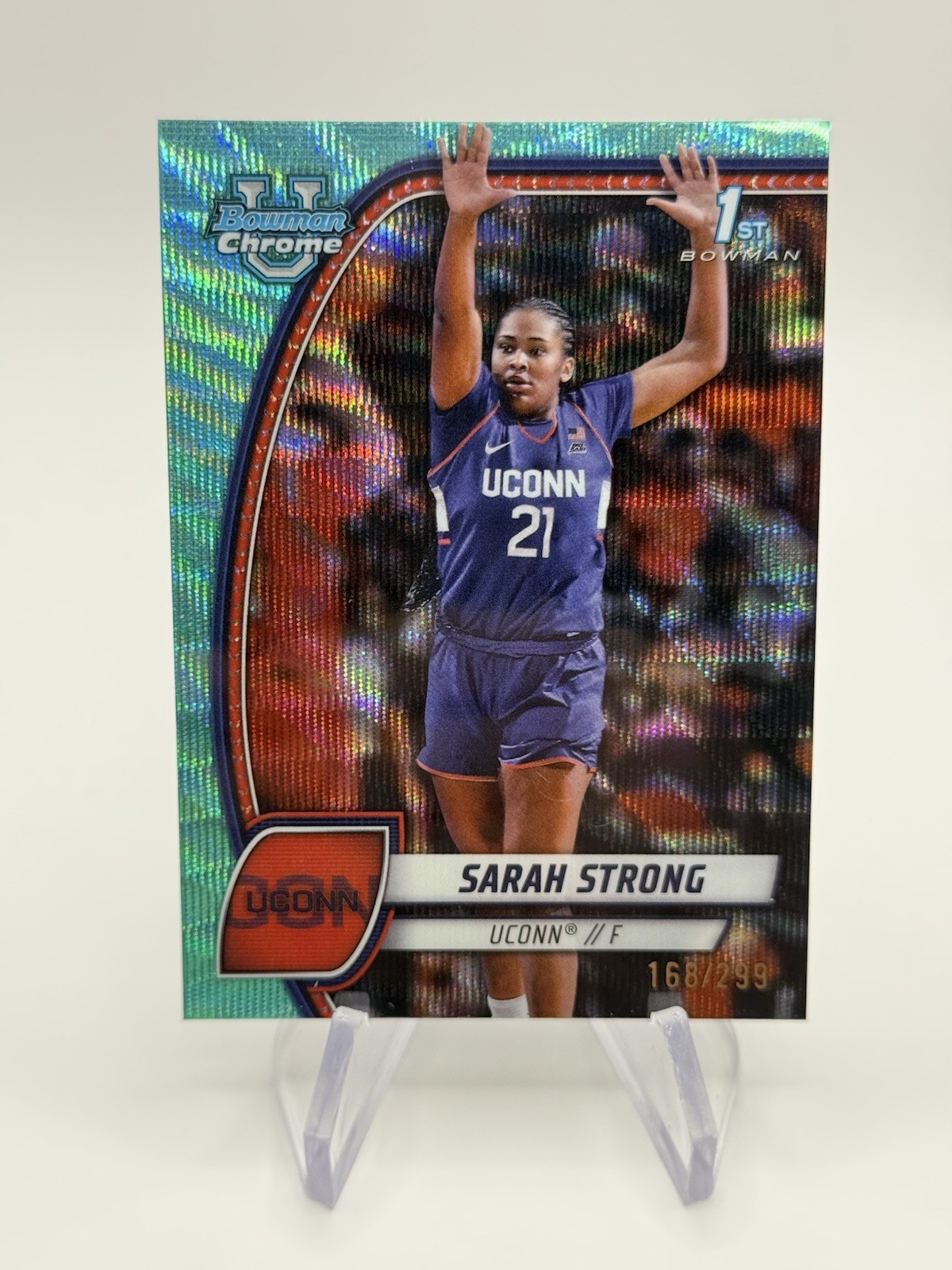 Sarah Strong 2024-25 1st Bowman University Chrome Aqua Wave Refractor /299 UConn