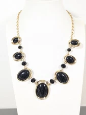 Charming Charlie Black Oval Cabochon Gold Tone Statement Necklace 23"