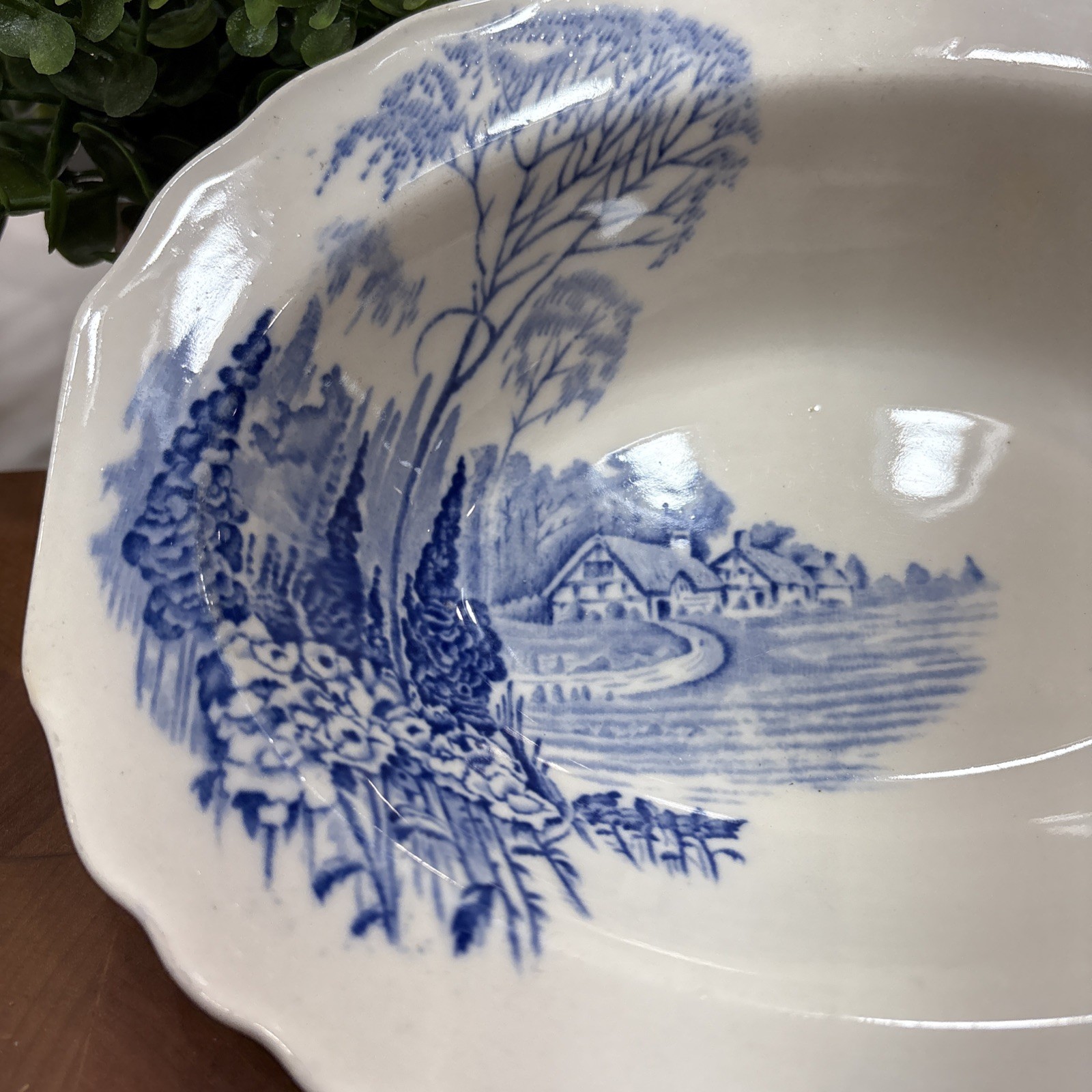 Vtg Wood & Sons England Blue White Transfer Ware Oval Serving Bowl Landscape SEE
