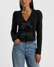 Express Women's 128 Embellished Bow V-Neck Cardigan Sweater Black size M