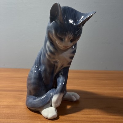 Vintage Royal Copenhagen Porcelain Grey Tabby Cat Figurine #340 Denmark 7.25 