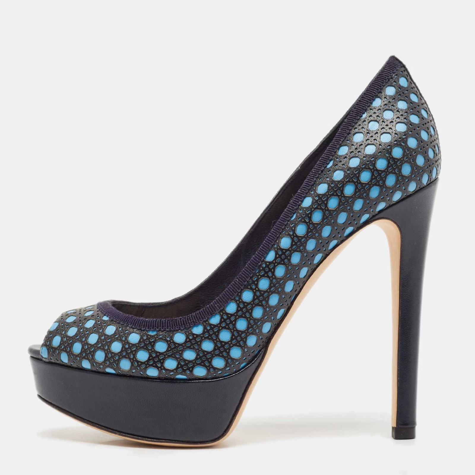 Escarpins plateforme bout ouvert Dior cuir bleu contraste cannage pointure 37,5