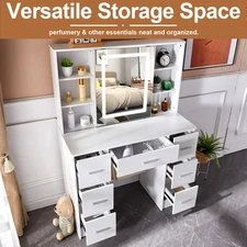 Makeup Vanity Set LED Sliding Mirror Dressing Table Dresser Desk With 7 Drawers