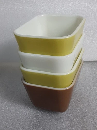 Vtg 4 Refrigerator Dish Yellow Brown White Milkglass 1 1/2 Cup 3PYREX 1 UNMARKED