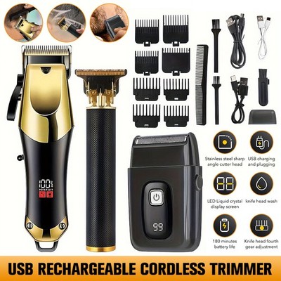 Professional Men Hair Clipper Cordless Beard Trimmer Electric Shaver Kit & Case