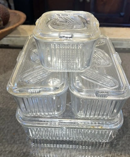 8 PC Vintage  Federal Glass clear square ribbed refrigerator dishes Vegetables