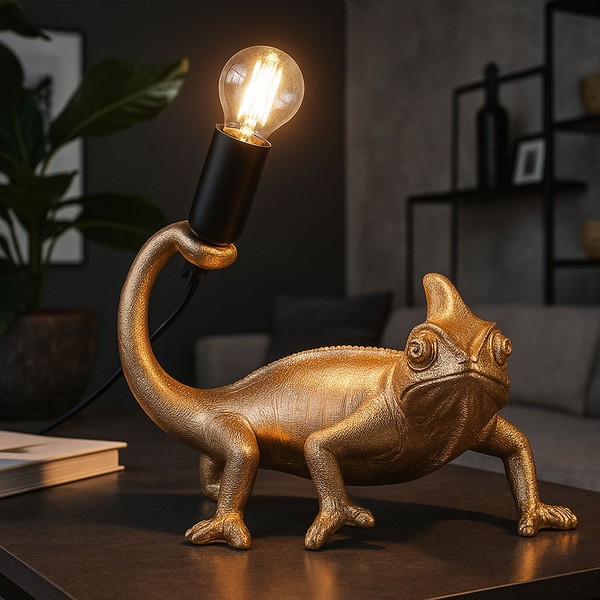 Wohnzimmerleuchte Tischlampe Beistellleuchte Tierfigur E14 Retro Gold ChamäLeon-image