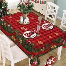 Christmas Pine Needle Bell Buffalo Plaid Tablecloth Table Decor Winter Xmas Snow