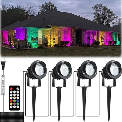 20W Outdoor RGB LED Spotlights 4 Pack, 120V 1000lm with Remote & Transformer