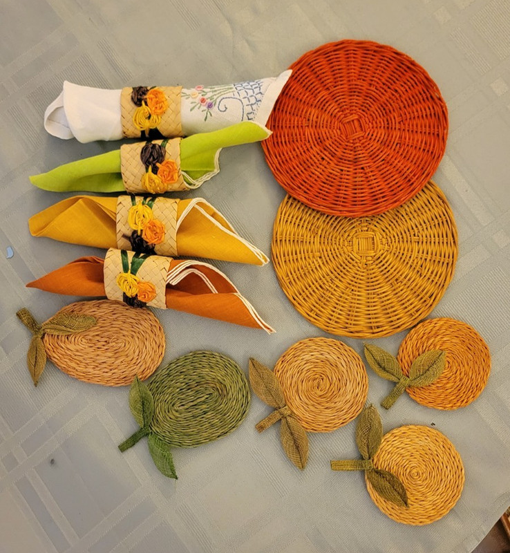 Vintage Napkin Rings And Coasters, Raffia