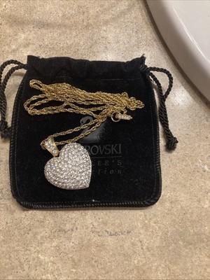 34  Swarovski Swan Pave Crystal Gold Tone Puffy Heart Necklace VTG Retired