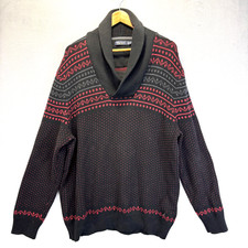 Nautica Fair Isle Shawl Collar Sweater Mens 2XL Black Red Pullover XXL