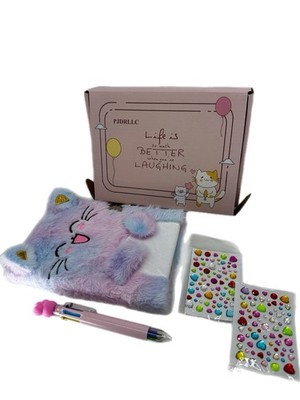 Valentine s Day Plush Cat Lock Diary Set   Cute Gift for Girls w/ Pen & Stickers