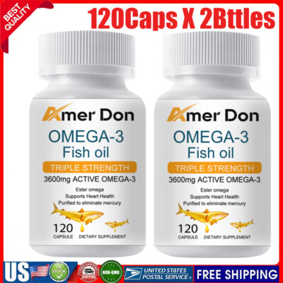 Omega 3 Fish Oil Capsules 3x Strength 3600mg EPA & DHA, High Potency 2 Bottles