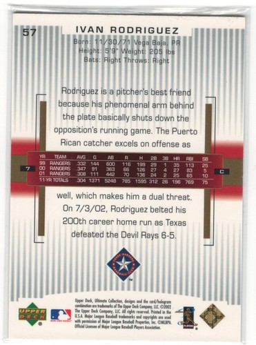 UD Ultimate Collection 2002 Ivan Rodríguez # 396/799 Base 57 - Imagen 2 de 2