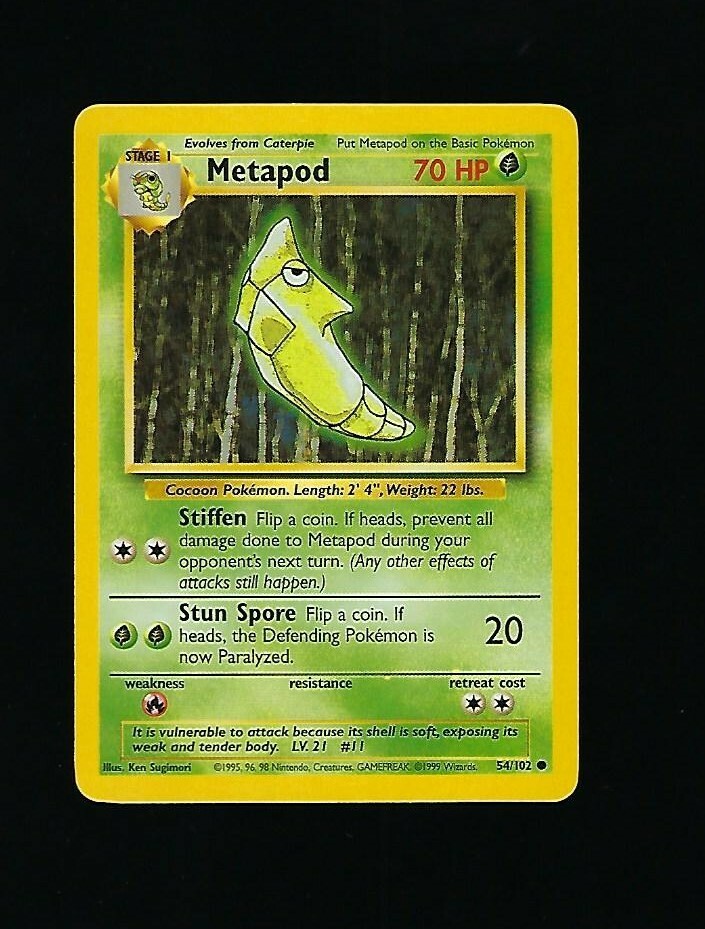 Metapod 54/102 - Pokemon Card Unlimited Edition Rare Non Holo Base Set 1999 NM/M