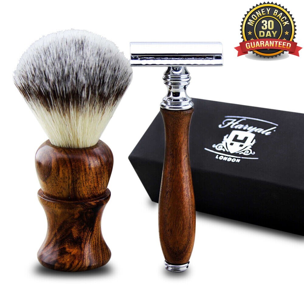 2X Traditional Men's Shaving Set Synthetic Brush & Wooden Handle Safety ...