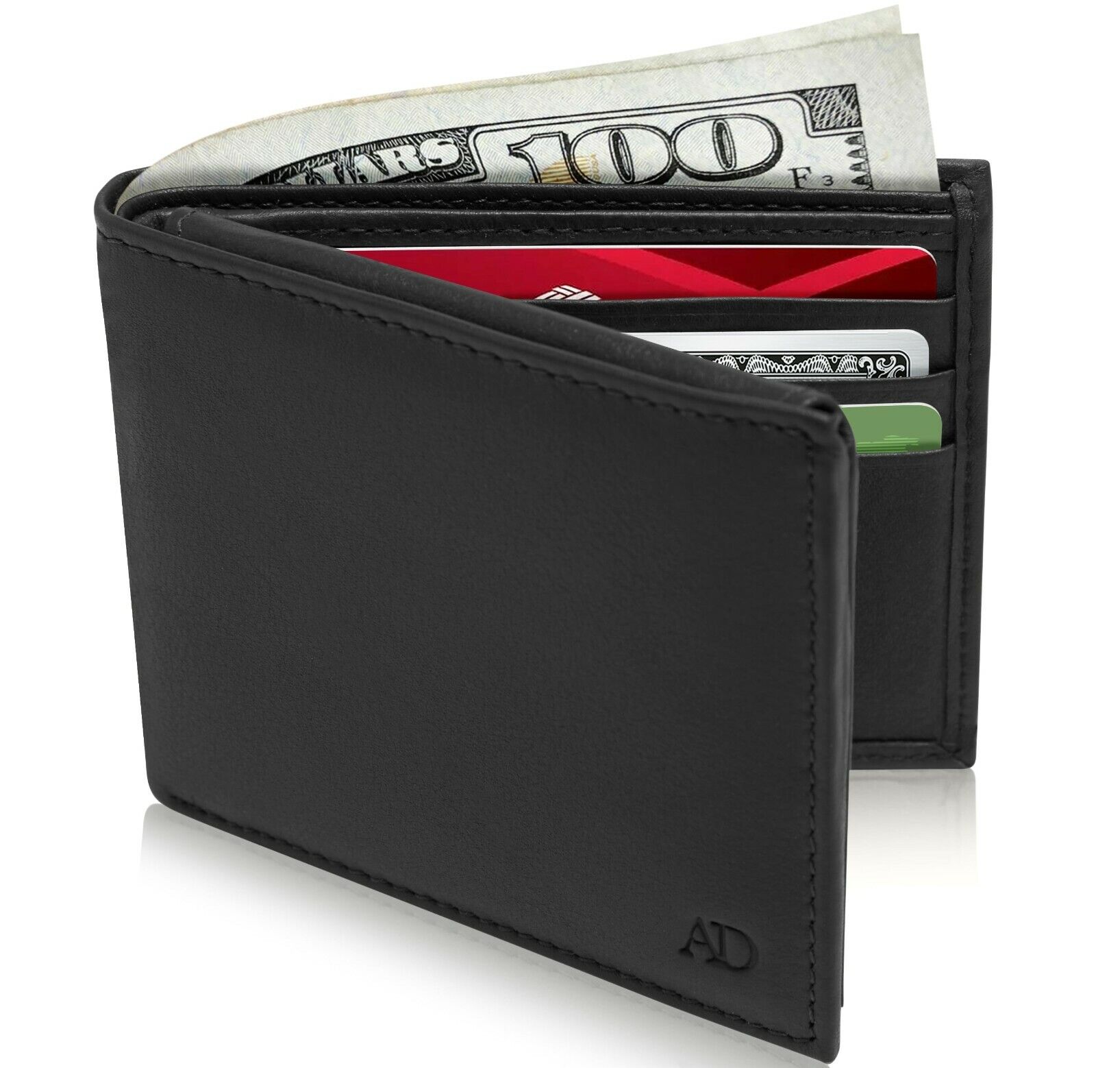 Genuine Leather Mens Slim Wallets Bifold Cardholder With ID Window RFID  Blocking