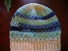 SLOUCHY Blue Sea Fade Stripe BEANIE Cap Textured HAT Handmade Crochet Knit