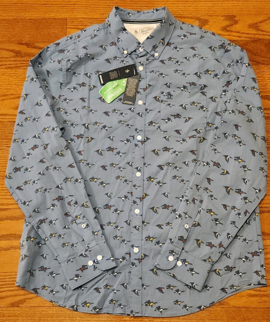Original Penguin EcoVero Woven Poplin Button Down Shirt Blue New
