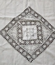 Antique French ecru Cheerub fillet Lace Insert Bedspread 74"x83" read*