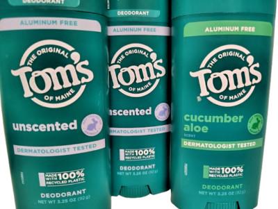 TOM'S Deodorant Bundle, Aluminum Free, 3.25oz, Unscented/Cucumber Aloe, Lot of 3