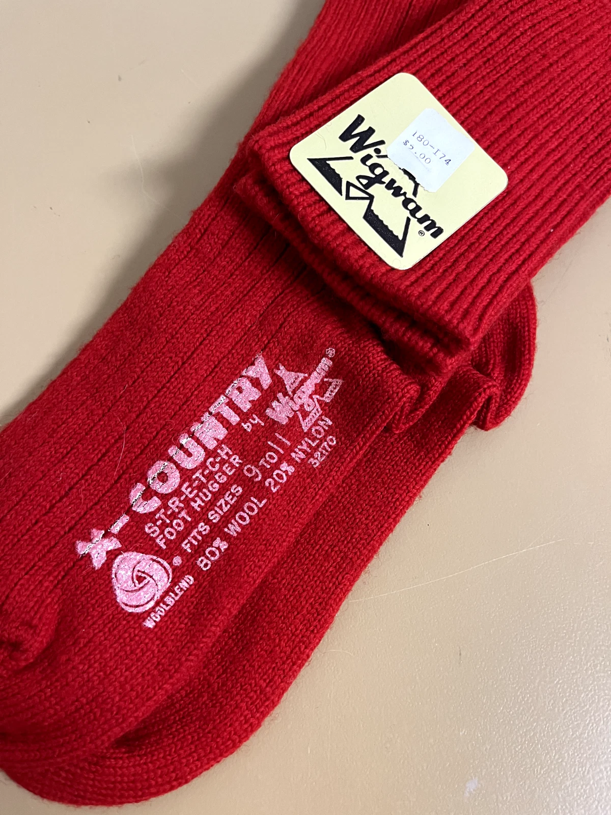 Vintage NOS Wigwam X-Country Foot Hugger Socks, Red Wool, Size 9-11