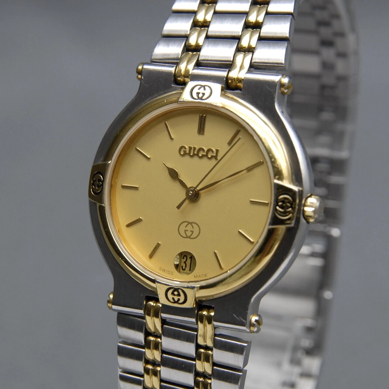 【EXC+5】 Montre Homme GUCCI 9000M Or Argent Date 32mm 3 ATM Étanche QZ