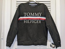 Tommy Hilfiger Women's Med Red White Blue Graphic Logo V-Stitch Sweatshirt Black