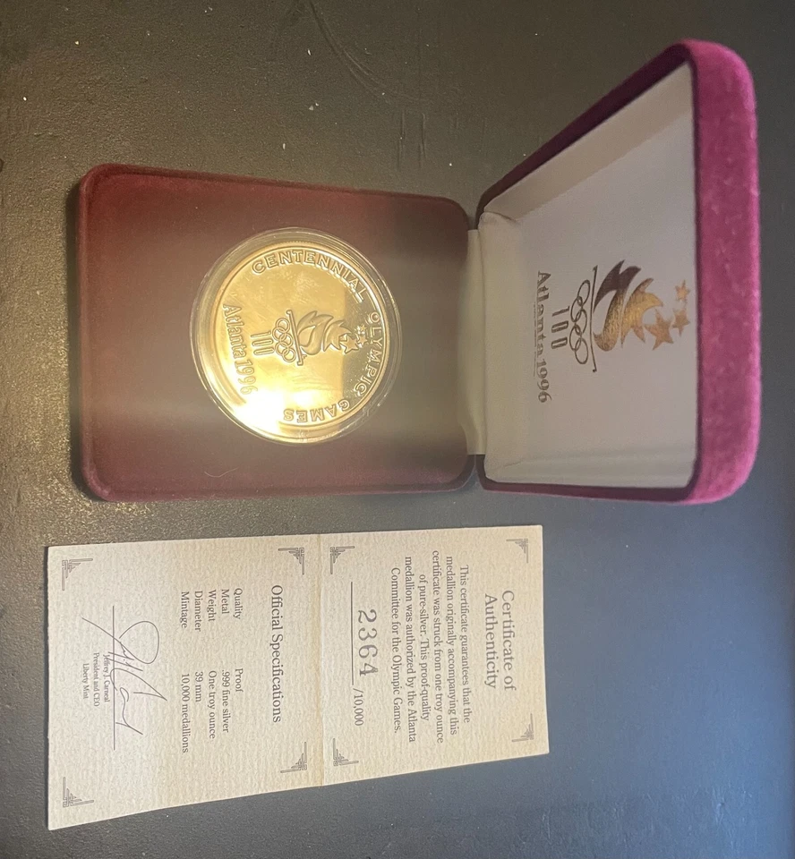 Atlanta 1996 Olympic Flag Arrival Silver Medallion w/ Authenticity Certificate - Image 3 of 3