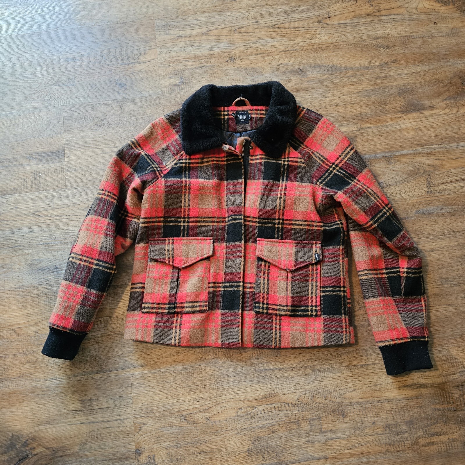 FILA Giacca a quadri Volcom Stone Row arancione taglia M 12 giacca skater Y2k collo pelliccia sintetica