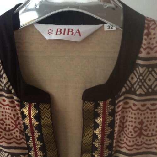 BiBA. Vintage Long, Indian Block Print Cotton Kaftan, gold thread & sequins. XS - Picture 5 of 9