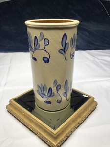 Studio-Hand-Made-Pottery-Art-Ceramic-Stoneware-Blue-Flowers-Tall-Vase-signed